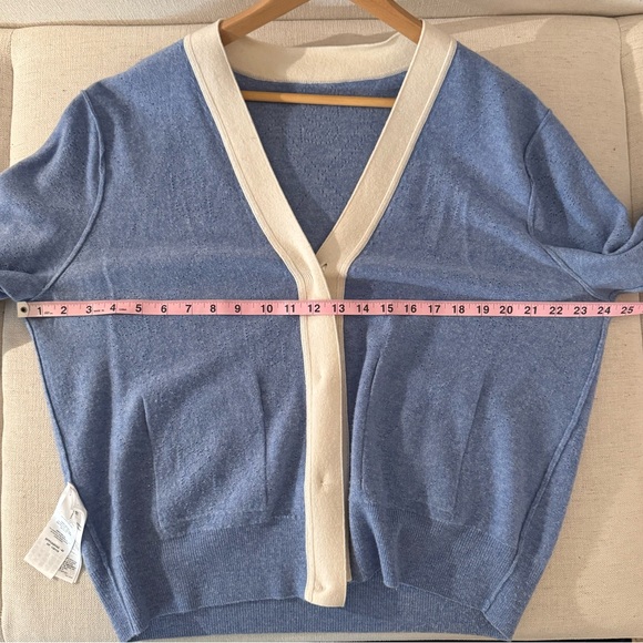 Sandro Cashmere Lucas Pointelle Stitch Light Blue White Cardigan w/Pearl Buttons - Picture 2 of 11